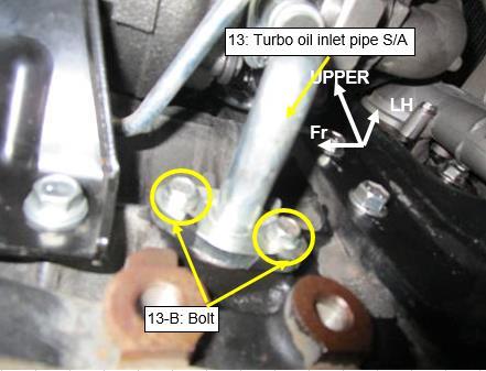 ) 39) From the beneath of truck, tighten the nut connecting "13: Turbo oil inlet pipe S/A with "16: Turbo charger S/A"