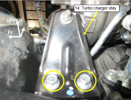 41) From the beneath of the truck, tighten bolts for "14: Turbo charger stay" fully.(t=23-33ft. lbs)(fig.