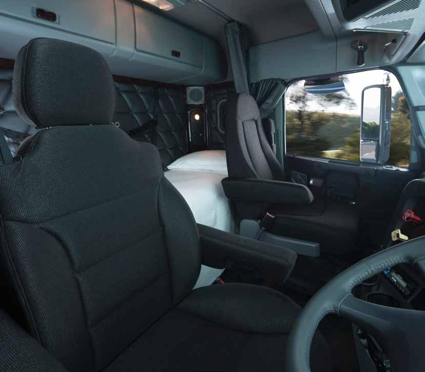 Double door seals, noise abatement material and thermal insulation isolate the driver from the harsh world outside, while pillow block front cab mounts dampen
