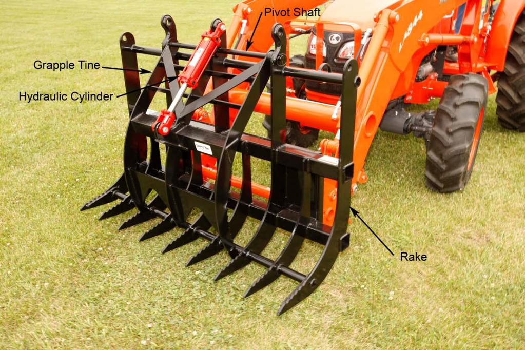 One set of remote hydraulic outlets is required to operate the grapple cylinder. One 2 x 6 (two cylinders on double) hydraulic cylinder operates the grapple tines to grab and hold the material.