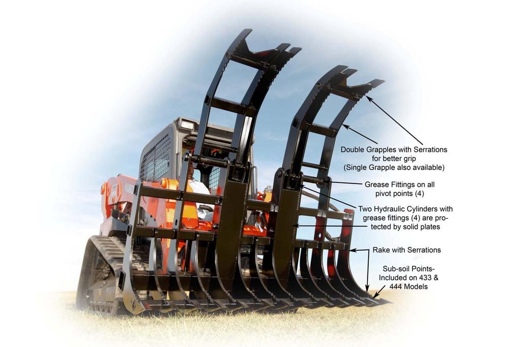 (444, 433 and 344 Series) Loader brackets are not included with the 444, 433 and 344 series grapple rake.
