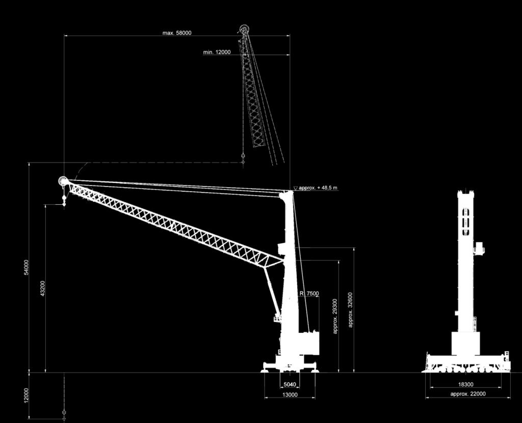 Model 8 Main Technical Data Dimensions and weights Radius Boom pivot point Tower cab (crane operator eye level) Propping base Chassis in travel mode Weight (approx.