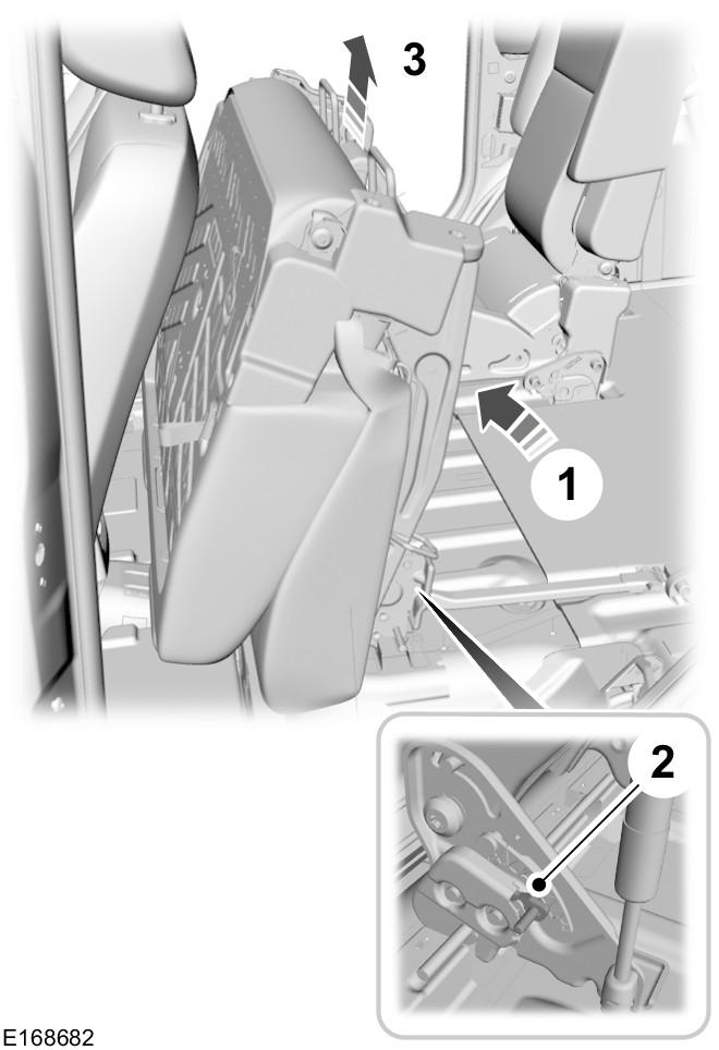 Disconnect the support rod from the seat frame. 2. Unfold the seat backward and lock into position. 3. Unfold the seat back backward and lock into position. 1. Raise the seat. 2. Rotate the locking lever.