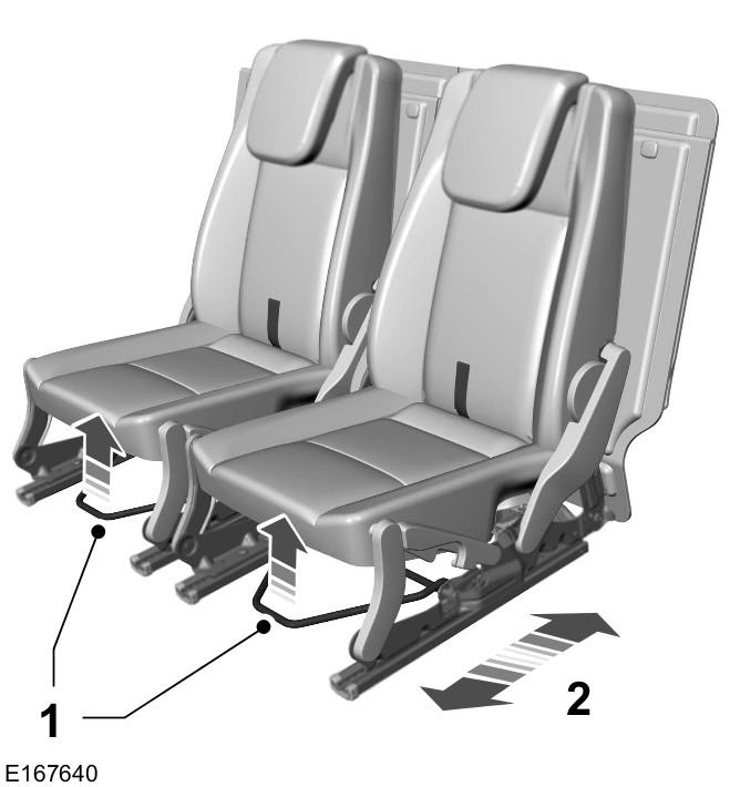 Seats Unfolding the Seat 1. Pull the large strap on the rear of the seatback, lift the seat and push down to lock into position. 2.