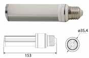 Lamps & Tubes LED PL 5 WATT E27 SOCKET PF > 0,95, 270 rotable Ordercode: 176-007 Input: 85V - 265V Power: 5 Watt Beam: 125 Lumen: 400 Length: 153 mm Diameter: 35,4 mm Connection type: E27 LED MR-11 2