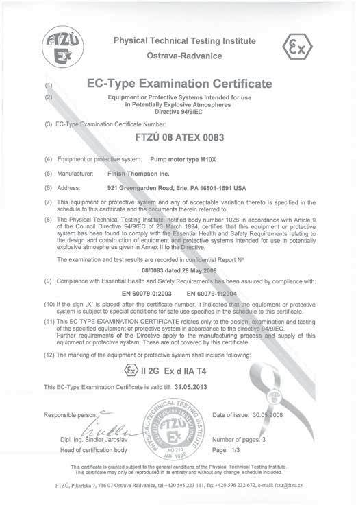 -Physical Technical Testing Institute Ostrava-Radvanice (1) EC-Type Examination Certificate (2) Equipment or Protective Systems Intended for use in Potentially Explosive Atmospheres Directive 94/9/EC