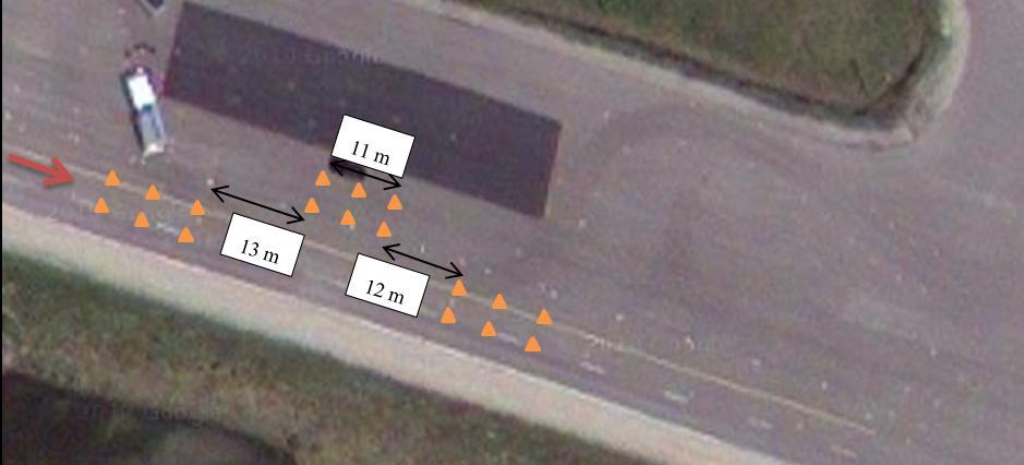 Figure 5-2: Test track with cones setup for double-lane-change scenario Figure 5-3: Top view of the test track with pylons in place for a double-lane-change maneuver (Google
