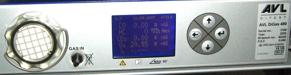 Display on the actual Digas480 emission tester. The values can be read and digested, they can be used for diagnostics and for testing after a repair.