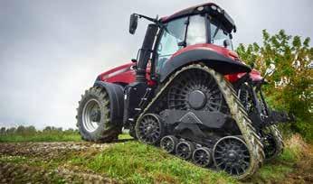 These tractors keep four points of ground contact, which reduces surface pressure and means less weight transfer from front to rear than two-track systems.