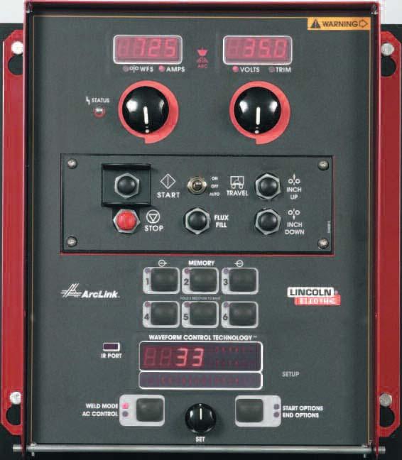 KEY CONTROLS 1 2 3 4 5 1. Two control knobs can increase or decrease Wire Feed Speed (WFS), Voltage, and Amps. Any of these adjustments can be made on-the-fly. 2. The switch panel can also be used as a remote pendant.