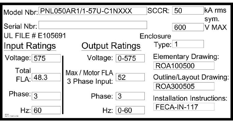 Panel Identification Each FRENIC-HVAC Combination VFD has a nameplate label, like the example pictured above, which contains important information about the panel.