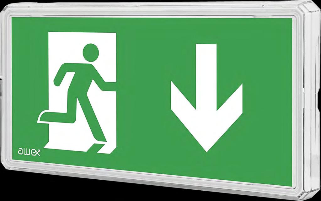 FAMILY OF EMERGENCY LIGHTING LUMINAIRES - EXIT TECHNICAL DATA: MATERIAL: white polycarbonate body transparent polycarbonate cover MOUNTING: surface (wall, ceiling) optionally recessed (wall, ceiling)