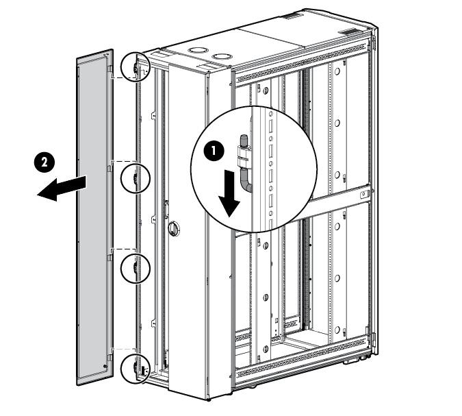 7. Pull the pins on the four hinges of the left rear door on the expansion rack, and then remove the door. 8. Open the front and rear doors of the MCS-200/100 to access the baying bracket holes. 9.