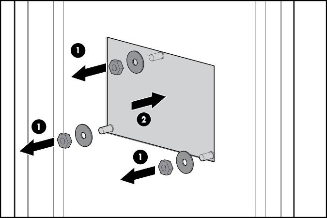 3. On the inside of the door, use a13 mm wrench, or ratchet with nut, to remove the (3) nuts and washers holding the blanking panel, and then remove