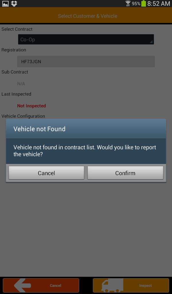 9. If a vehicle is not on our fleet list, a pop up will appear saying that this vehicle is currently not on the fleet list and if you would like to report