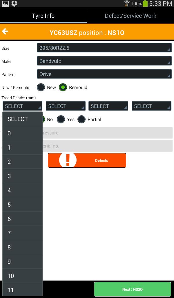 18. You can select the Tread Depth dropdown box to indicate the tread depth (mm) of the tyre.