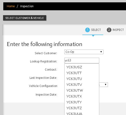 b. Use the Partial Search function to type in the registration you want to inspect. Once you select the vehicle you want to inspect, it will automatically fill out the rest of the boxes.