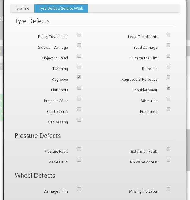g. If there are any Tyre, Pressure or Wheel defects, click on either