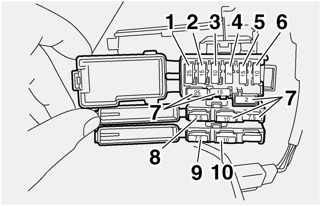 PERIODIC MAINTENANCE AND MINOR REPAIR 1. Headlight fuse 2. Signaling system fuse 3. Ignition fuse 4. Windshield motor fuse 5. Radiator fan fuse 6. Backup fuse (for odometer and clock) 7. Spare fuse 8.