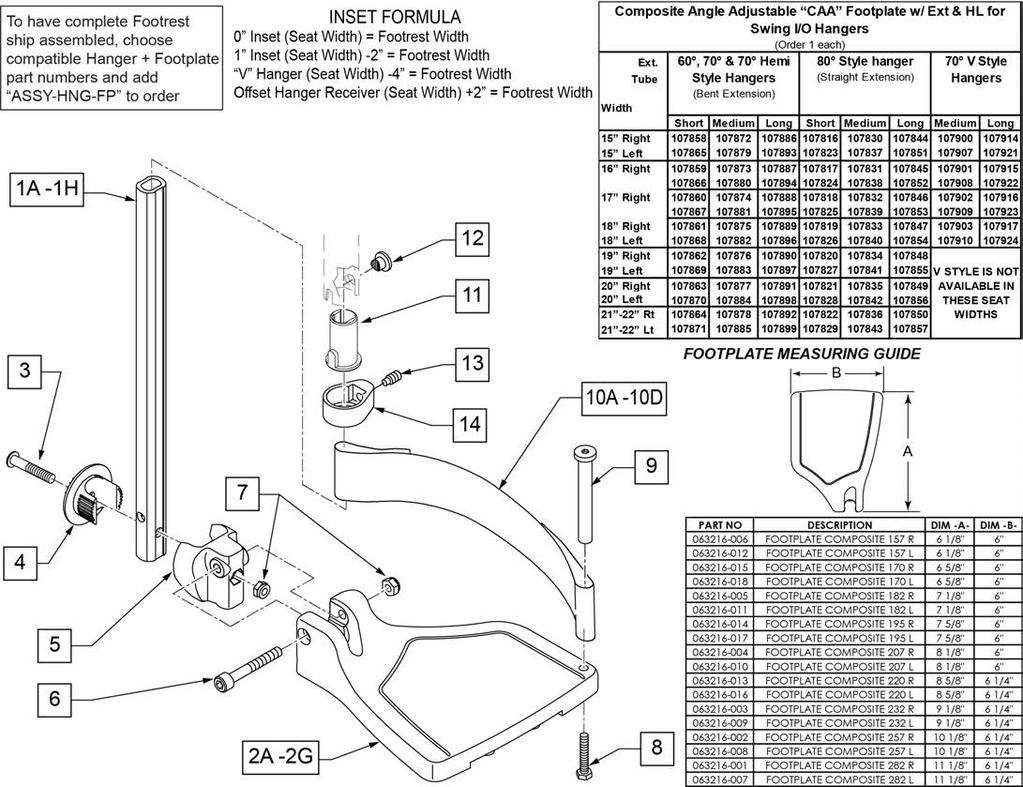 COMPOSITE ANGLE ADJUSTABLE FOOTPLATE [03/2017] NOTE: FOOTPLATE ASSEMBLIES ARE SET TO FOOTREST WIDTH. PLEASE SEE "FOOTPLATE FORMULA" TABLE FOR SEAT WIDTH CONVERSION. Pos.