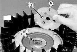 9-16 ELECTRICAL SYSTEM Charging System Install the pulley plate [A] so that the notch [B] inserts into the slot [C] in the flywheel.