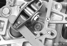 2-10 PERIODIC MAINTENANCE Periodic Maintenance Procedures No.1 Cylinder The left projection [A] on the flywheel is faced with the right leg [B] on the #1 ignition coil [C] as shown in the figure.