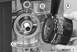 7 L (1.8 US qt) Check the O-ring [A] on the oil filler cap for damage. Replace the oil filler cap assembly if O-ring is damaged. When checking the oil level, do not turn oil filler cap on threads.