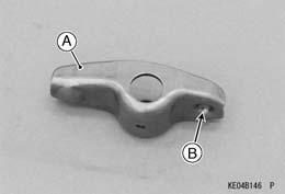 5 kgf m, 11 ft lb) Install the push rods (see Push Rod Installation). Position the rocker arm [A] so that the hollow side [B] faces push rod. Apply engine oil to the collars [A].