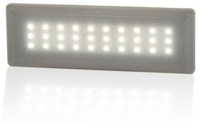 60001Z Features LED: 0.4W / LED (30pcs) Measured Luminous: 300lm Volts: 1 to 24V Aluminum base + PC lens Dimensions Lenght: 11.61 Width: 3.93 Height: 0.
