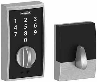 Electroic Locks Keypad Locks Schlage Touch Deadbolts exterior iterior exterior iterior BE375 Camelot (CAM) BE375 Cetury (CEN) BE375 Series Schlage Touch Deadbolts FINISHES Fuctio Style/Desig Packagig