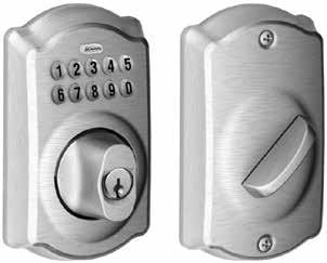 Electroic Locks Keypad Locks Keypad Deadbolts exterior iterior exterior iterior BE365 Camelot (CAM) BE365 Plymouth (PLY) BE Series Keypad Locks FINISHES Fuctio Packagig 605 608 609 618 619 625 626
