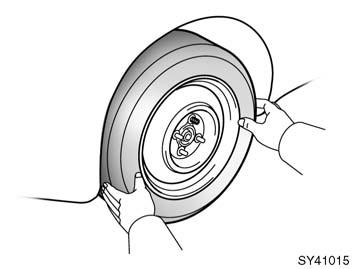 04 05.18 Changing wheels CAUTION Never get under the vehicle when the vehicle is supported by the jack alone. SY41015 SY41016 6. Remove the wheel nuts and change tires.