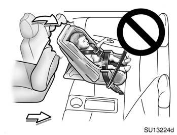 In the event of an accident, the force of the rapid inflation of the front passenger airbag can cause death or serious injury to the child if the rear facing child restraint system is installed on