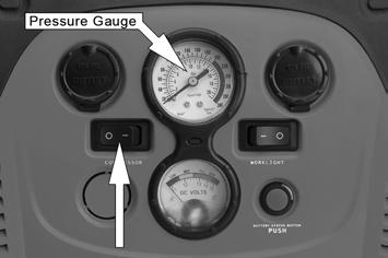 Switch the air compressor ON using the switch shown. The air pressure will be indicated by the pressure gauge. Pump up the tyre to the required pressure.