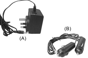 CHARGING THE BATTERY Two means of charging the battery are provided. 1. Via a 230V supply, using the 230V charger with cable and DC plug provided, shown as A. 2. Via a 12V vehicle supply using the cigar lighter adapter with cable and plug provided, shown as B.