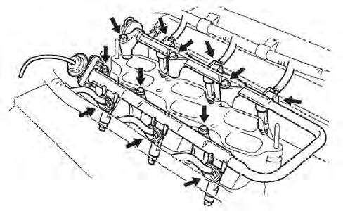 (b) Disconnect the 6 fuel injector connectors. Remove the 6 bolts and fuel delivery pipe together with the 6 fuel injectors (Figs 5-1 & 5-4).