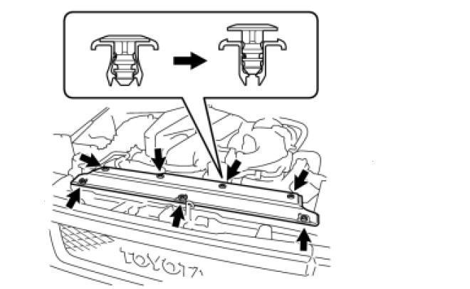 (a) Remove the 7 plastic clips from the black plastic seal cover at the top of the radiator and set it aside for reinstallation later (Fig 7-1). Fig 7-1 (b) Remove 4 bolts, then remove the No.