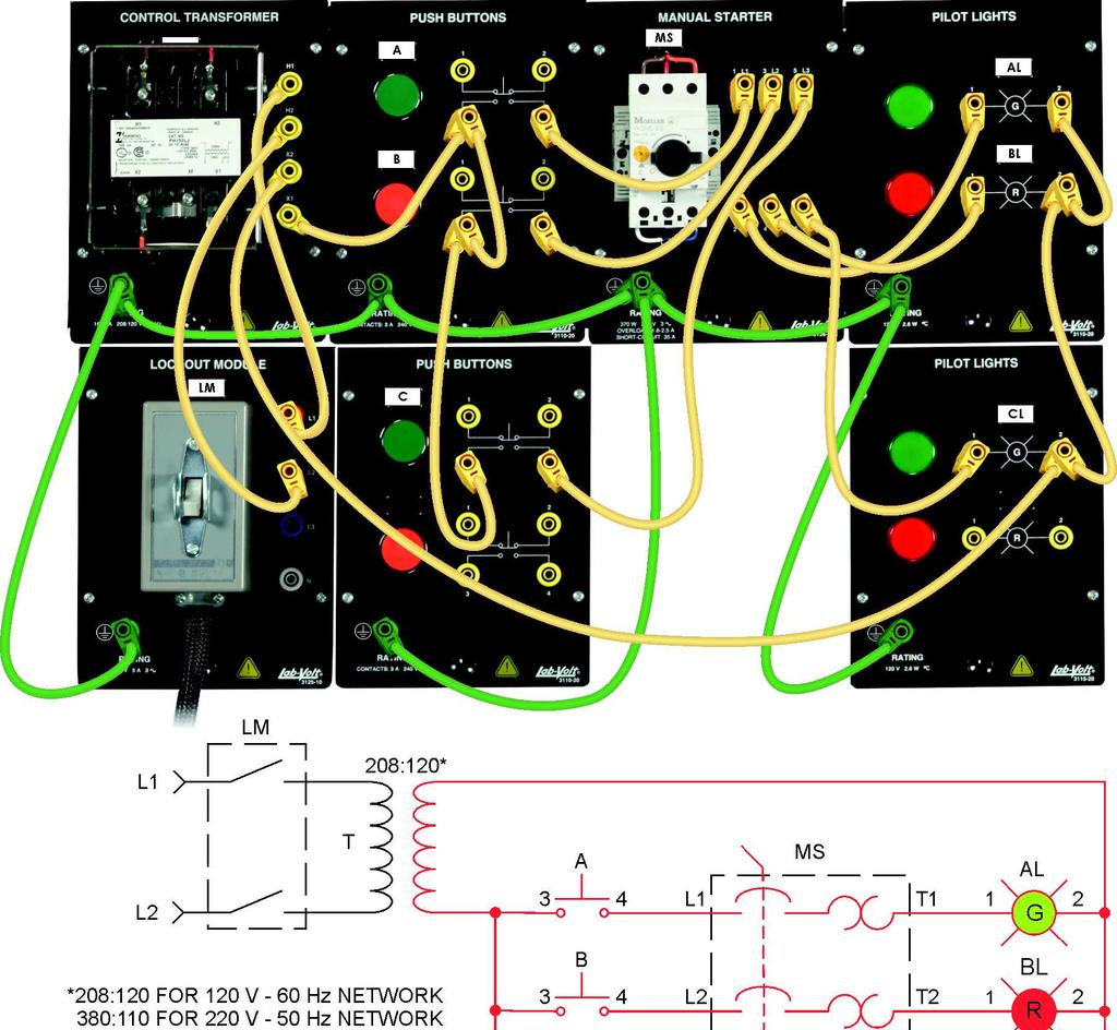 Ex. 1-3 Manual Starters Procedure 6. Connect the circuit shown in Figure 1-11. Figure 1-11. Basic manual starter circuit.