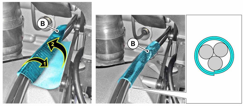 (B) around the rear brake hose, shock absorber adjustment cable and rear speed sensor cable, making sure