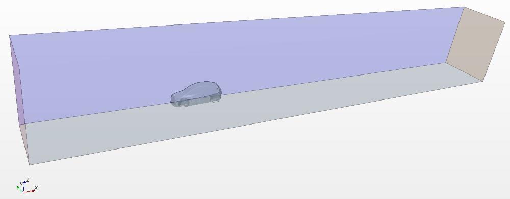 Using STAR-CCM+ CAD features, a block was created around the left half of the vehicle, considering the vehicle symmetry (the computation will be easier), as shown below: Figure 31- Wind Tunnel After