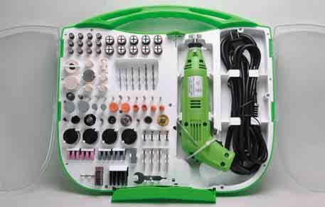 Accessories include: 219pc kit including: grinding wheels, mounted points, carbide burrs, sanding bands, wire wheels and more. 1.