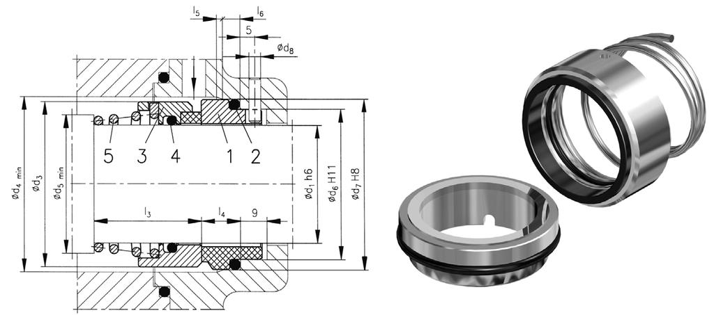 Single mechanical seal Unbalanced Dependent of the direction of shaft rotation With central tapered spring EN 12756 A3 1.0 MPa Temperature t max 200 C Speed v max 20 m/s Legend 1. 2. O-ring 3. 4.