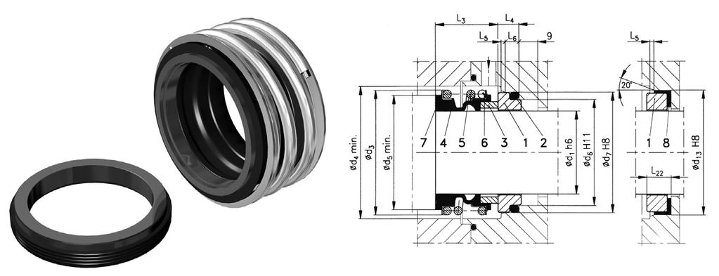 A1 1.0 MPa Temperature t max 120 C Speed v max 10 m/s Single mechanical seal With rubber bellows Unbalanced Independent of the direction of shaft rotation Central spring D1 D3 D4 D5 D6 D7 D13 L3* L4