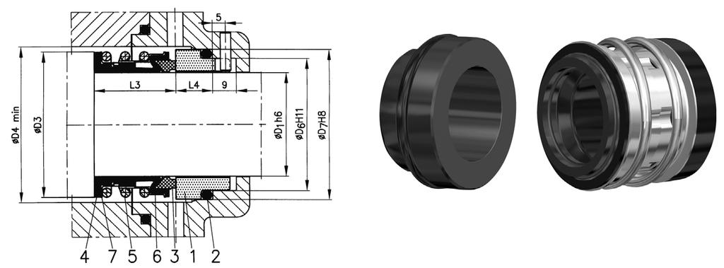 Single mechanical seal Balanced Central, non-clogging coil spring Dual-direction of shaft rotation Elastomer bellows protected against twisting Easy and quick installation Installation acc.