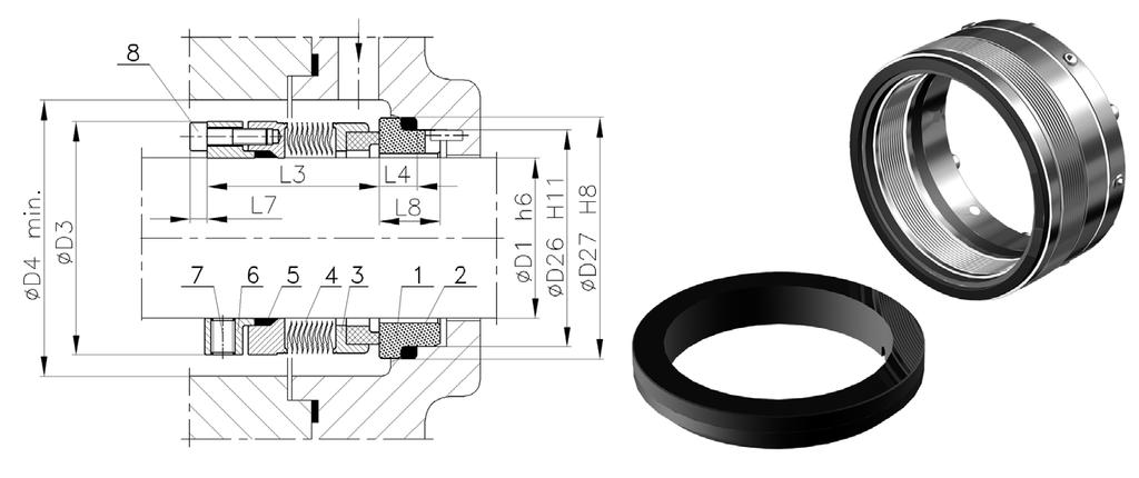 E2 Single mechanical seal With welded metal bellows Balanced Dual directional 2.0 MPa Temperature t max -20 C 400 C Speed v max 20 m/s Legend 1. 2. Sealing ring 3. 4. Seal housing with welded metal bellows 5.