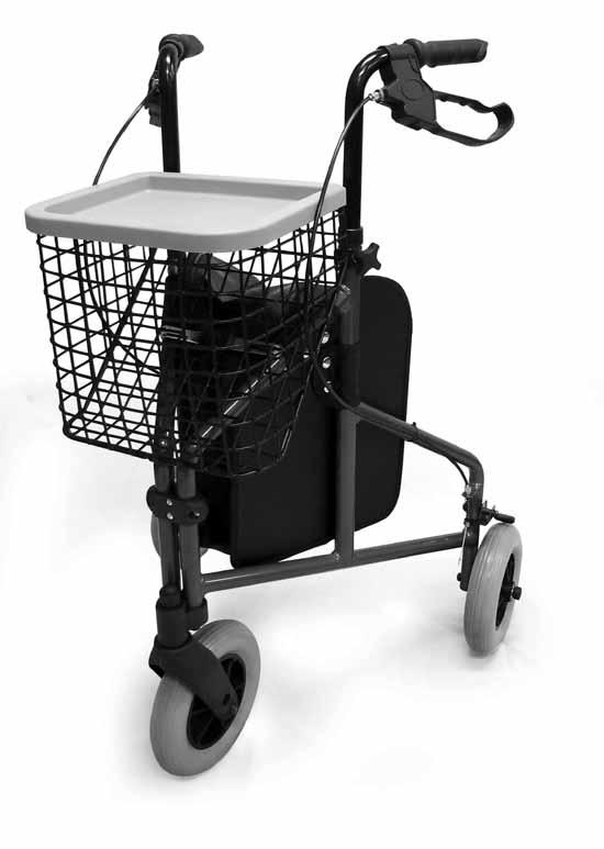 Tri-Wheel Wheeled Walker Handle with lever brake Brake cable Handle height adjustment knob Removable basket and tray Large vinyl bag 8 inch