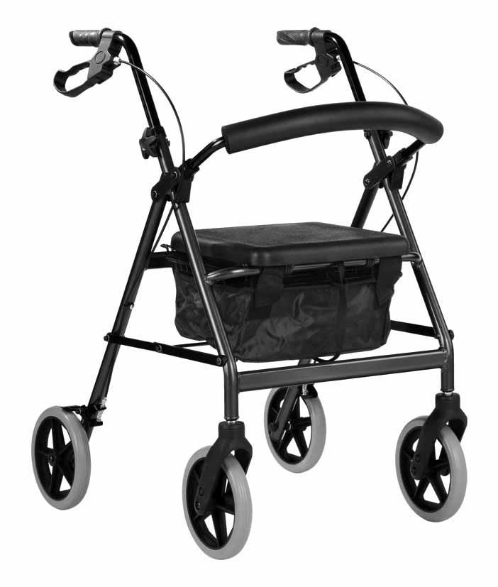 All Terrain Wheeled Walker Handle with lever brake Brake cable Handle height adjustment knob Backrest Padded seat with concealed pouch Side brace Bag with shopping basket