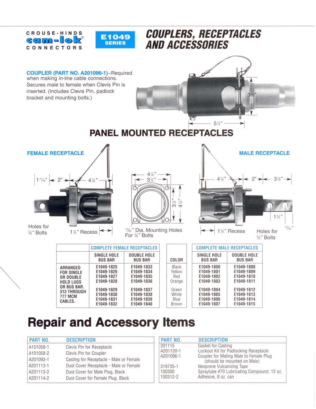 CROUSE-HINDS ca.-i E1049 SERIES COUPLERS. RECEPTACLES AND ACCESSORIES COUPLER (PART NO. A201096-1)-Required when making in-line cable connections. Secures male to female when Clevis Pin is inserted.