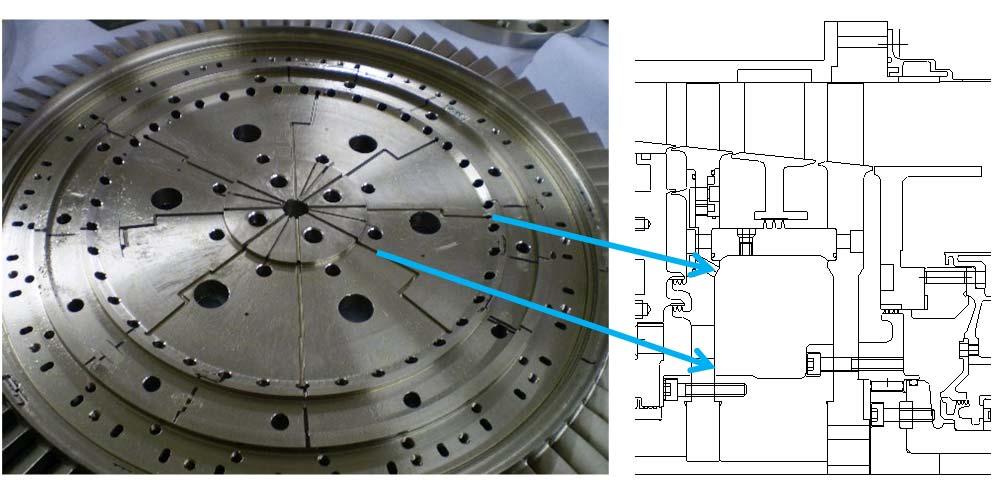 These allow the thermocouples to run from the transfer holes from the higher radius disc locations to the rotor shaft.