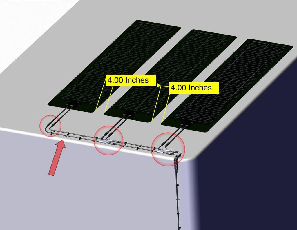 17 270 Watt (3 Solar Panels) 1. Place the third panel no more than four inches away from the second solar panel. 2. Connect the second Solar Bolt Y Splitter input side to the longest output from the first Solar Bolt Y Splitter (Positive-Positive, Negative-Negative).